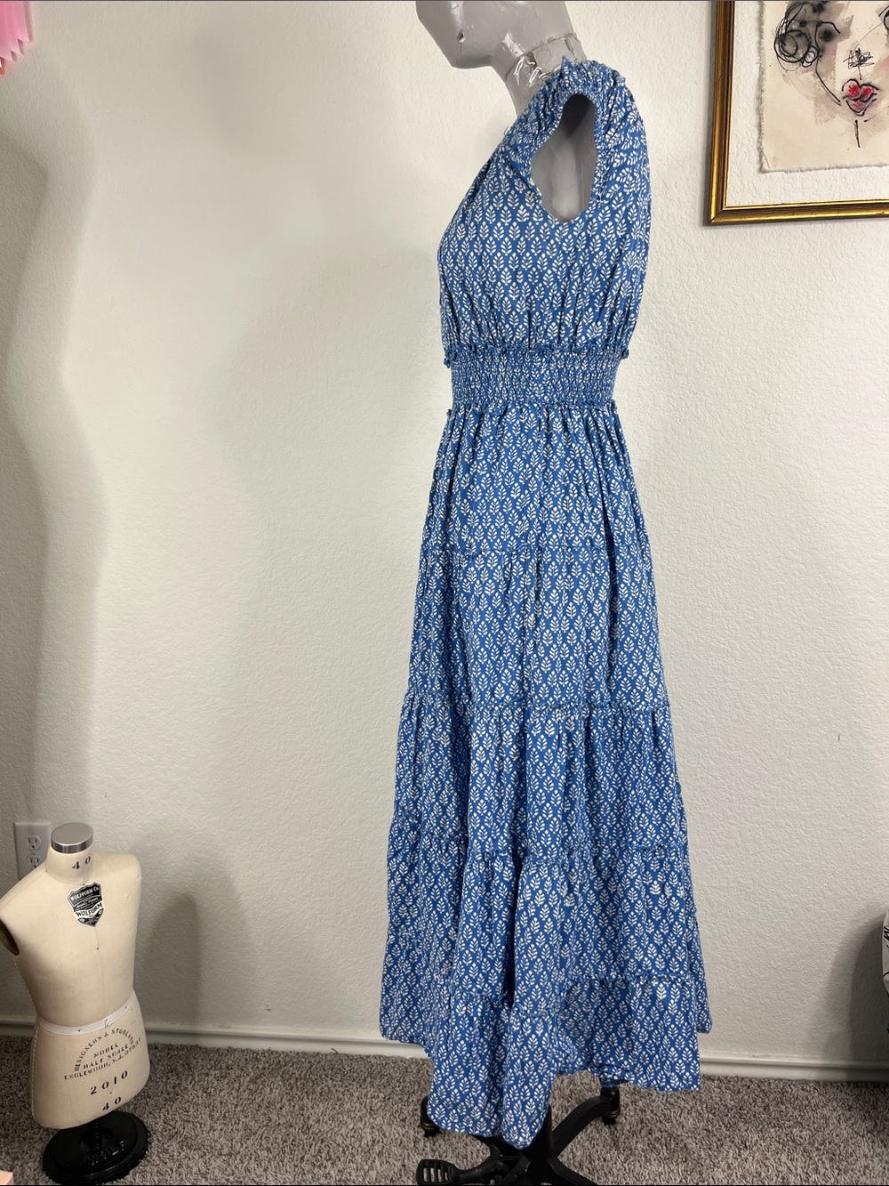 Pink City Prints Buta Rah Rah Smocked Tiered Stamped Floral Print Midi Dress - Picture 4 of 9